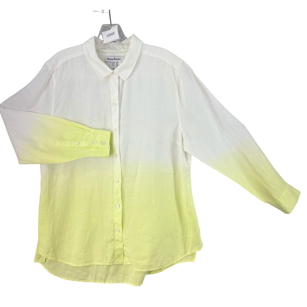 Tommy Bahama Shirt Womens Sz L Linen Button Down White Lime Ombre Long Sleeve
